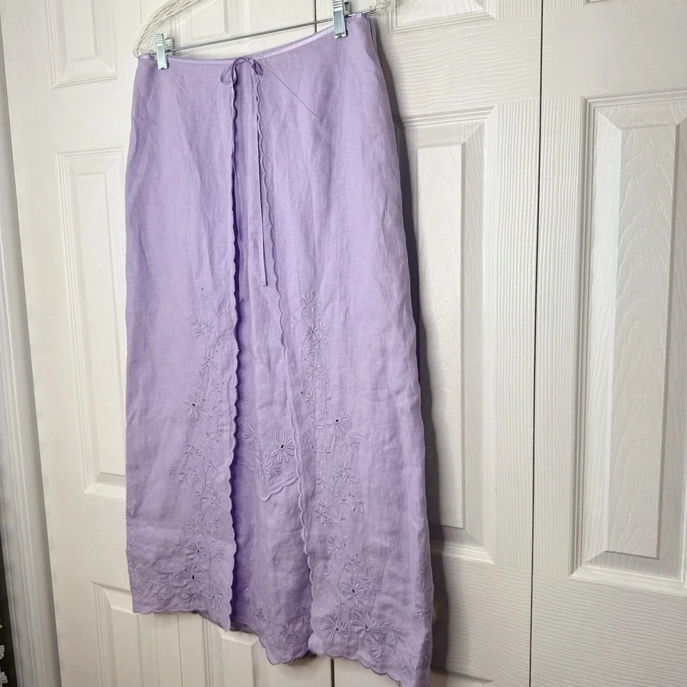 NWT J. Jill Linen Maxi Skirt Size 6 Lavender Purple Floral Embroidered Scallop
